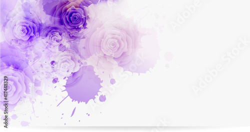 Abstract background with watercolor colorful splashes and rose flowers. Purple colored. Template for your designs, such as wedding invitation, greeting card, posters, etc.