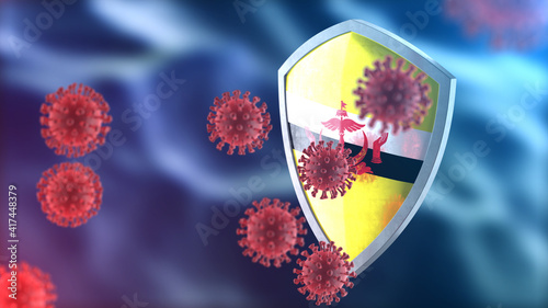 Brunei protects from corona virus steel shield concept. Coronavirus Sars-Cov-2 safety barrier, defend against cells, source of covid-19 disease.