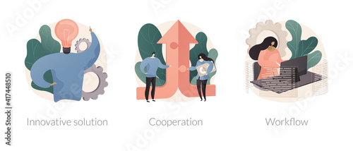 Business efficiency abstract concept vector illustration set. Innovative solution, cooperation and workflow, idea management and productivity software, team communication, teamwork abstract metaphor.