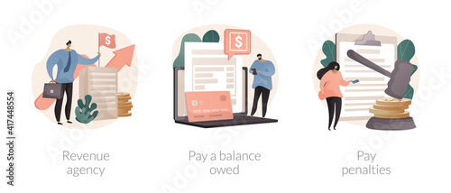 Tax payment abstract concept vector illustration set. Revenue agency, pay a balance owed, pay penalties, credit payment, filing taxes, payroll account, family benefit, GST and HST abstract metaphor.