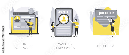 Human resources technology abstract concept vector illustration set. HR software, wanted employees, job offer, working time tracker, we are hiring, staff wanted, permanent contract abstract metaphor.