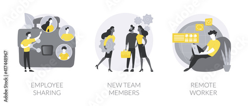Teamwork abstract concept vector illustration set. Employee sharing, new team members, remote worker, online job, distance team, outsource freelancer, sign contract, adaptation abstract metaphor.