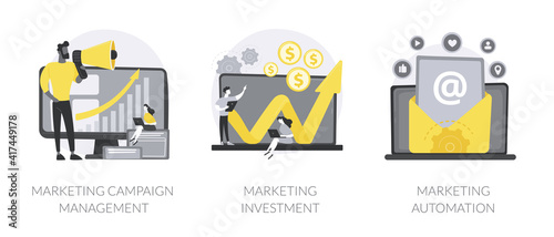 Advertising campaign abstract concept vector illustration set. Marketing campaign management and investment, automation system, crm software, social media metrics, online platform abstract metaphor.