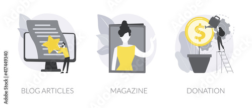 Website tabs abstract concept vector illustration set. Blog articles, online magazine, donation and crowdfunding, latest news, web page design, company online landing page abstract metaphor.