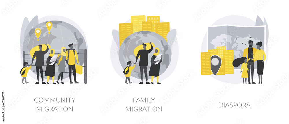 custom made wallpaper toronto digitalRelocation abstract concept vector illustration set. Community migration, family movement abroad, jewish diaspora, refugee group, travel with kids, immigration program abstract metaphor.