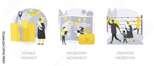 Human migration abstract concept vector illustration set. Female migrant, migratory movement, frontier migration services, international marriage, passport and documents, crisis abstract metaphor.