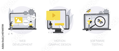 IT company service abstract concept vector illustration set. Web development, motion graphic design, software testing, application coding, UI and UX design, QA team, bug fixing abstract metaphor.