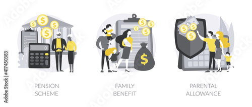 Family budget abstract concept vector illustration set. Pension scheme, family benefit, parental allowance, retirement plan, payment per child, maternity leave, finance adviser abstract metaphor.