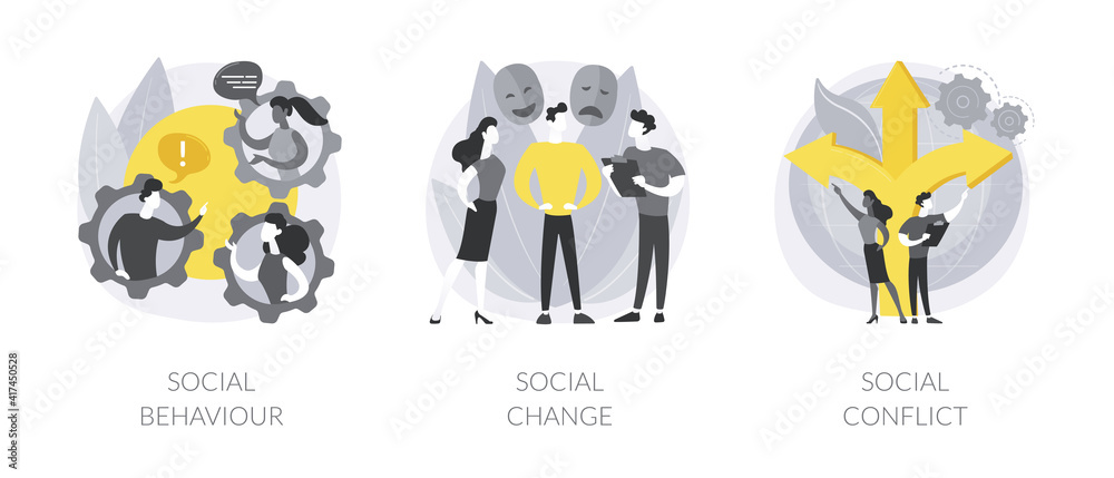 Social activity abstract concept vector illustration set. Social behaviour, public demonstration, collective protest, social conflict, school bullying, youth abuse, gang fighting abstract metaphor.