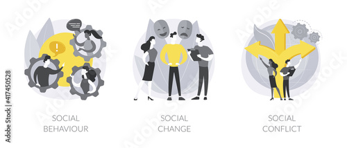 Social activity abstract concept vector illustration set. Social behaviour, public demonstration, collective protest, social conflict, school bullying, youth abuse, gang fighting abstract metaphor.