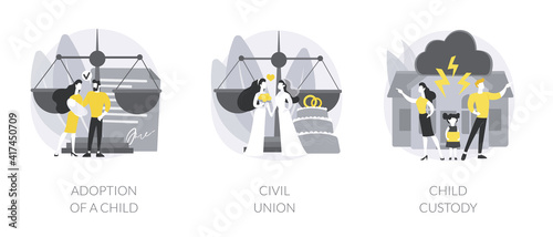 Family law abstract concept vector illustration set. Adoption of a child, civil union, child custody, single parent, happy family, wedding day, family conflict, parents divorce abstract metaphor.