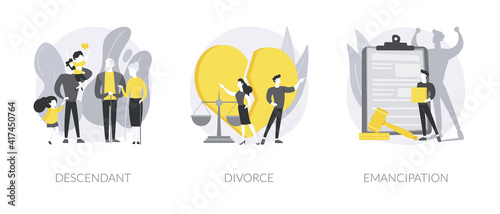Family roles abstract concept vector illustration set. Descendant and generations relationship, parents divorce, emancipation and social equal rights, marriage separation abstract metaphor.