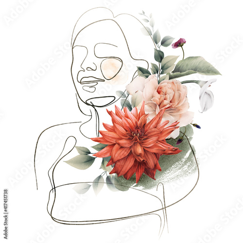 Abstract minimal woman portrait with watercolor flowers, fashion concept, line art photo