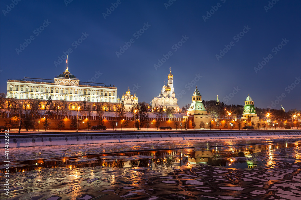 View of the evening Kremlin in early spring. Moscow, Russia