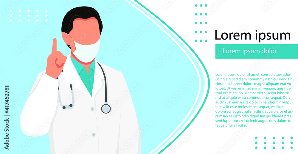 A doctor in a mask with a stethoscope with a raised finger warns. Banner design. Vector illustration, eps 10 A doctor in a mask with a stethoscope with a raised finger warns. Banner design. Vector illustration, eps 10
