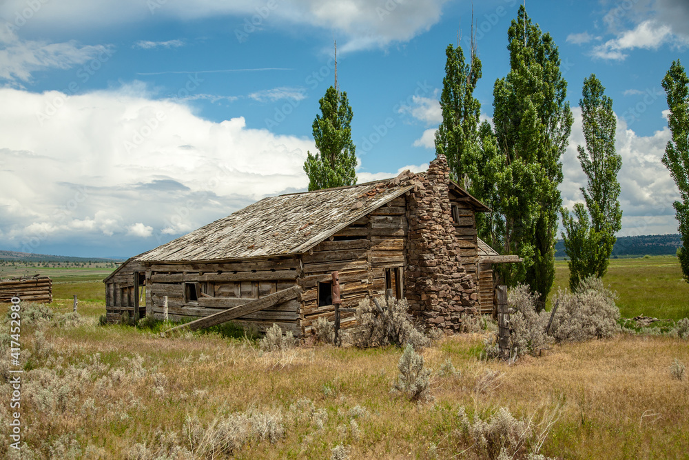 An abandoned homestead building with a rock fireplace and chimney, near Post, Oregon.