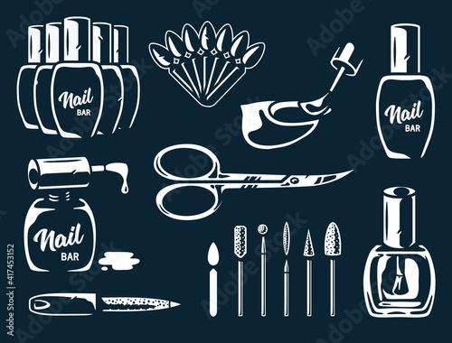 Set of manicure tools for nail bar and beauty salon. Element for emblem fingernail studio or logo of manicurist service