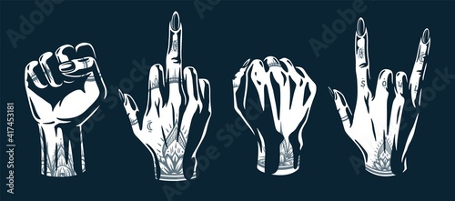 Set of woman wrists . Female hand gesture, fingers with tattoo, fist, middle finger. Element for beauty studio. Fashion, trendy style of fingernails
