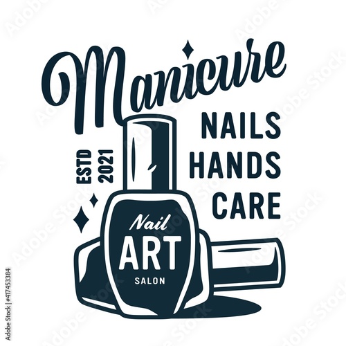 Manicure polish or varnish in bottle with brush for nail bar and beauty salon. Element for emblem fingernail studio or logo of manicurist service