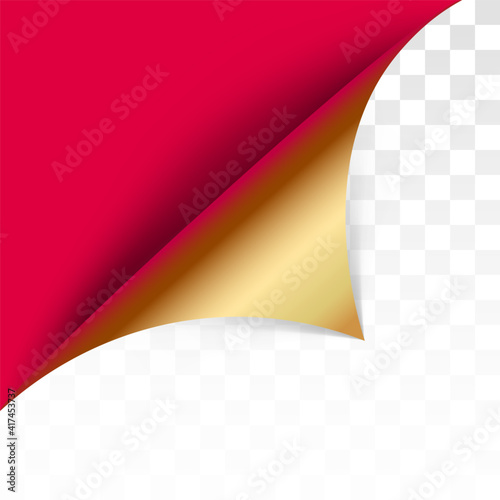 Page curl with shadow on blank sheet of paper. Gold paper sticker. Element for advertising and promotional message isolated on transparent background. Vector illustration for your design and business.
