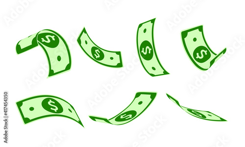 American dollar falling set, animation ready. USD paper notes flying in the air. USA money in seven