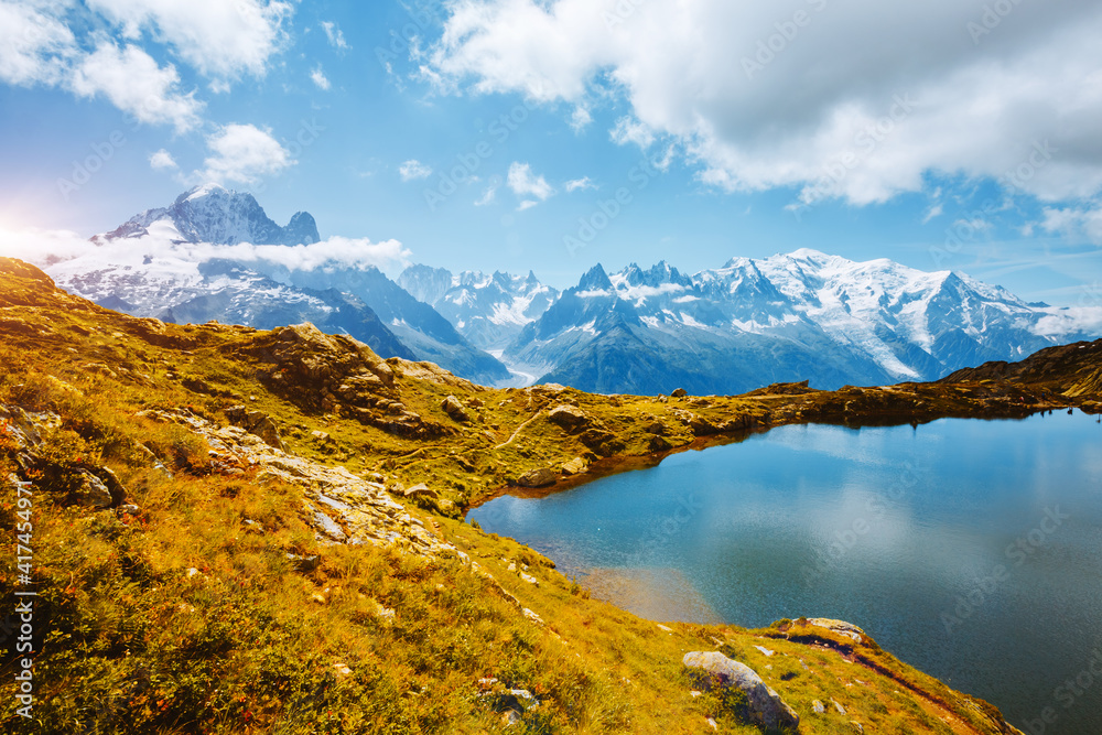 Great Mont Blanc glacier with Lac Blanc. Location place Chamonix resort, Graian Alps, France, Europe.