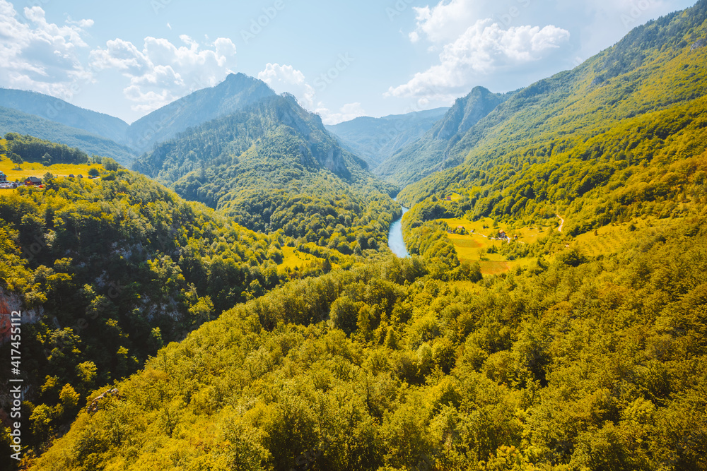 Top view on the great canyon of river Tara. Location place National park Durmitor, Montenegro, Europe.