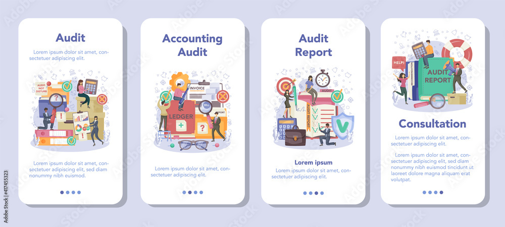 Auditor mobile application banner set. Business operation research