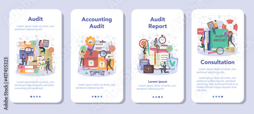 Auditor mobile application banner set. Business operation research