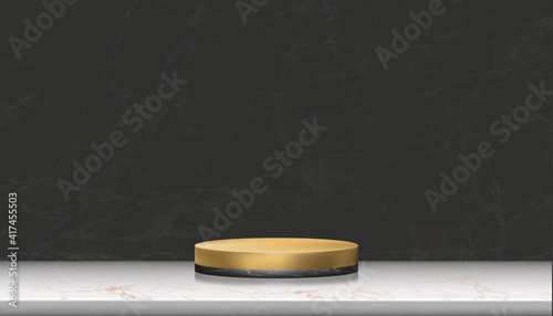 Minimal Podium display with Black Marble and Yellow gold Cylinder Stand on Rose gold foil marble,Vector Realistic 3D for Stage pedestal platform,Product presentation, Cosmetic display or Spa Showcase