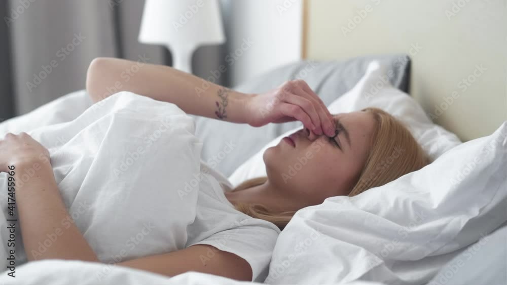 Morning headache. Insomnia problem. Hangover migraine allergy. Sick