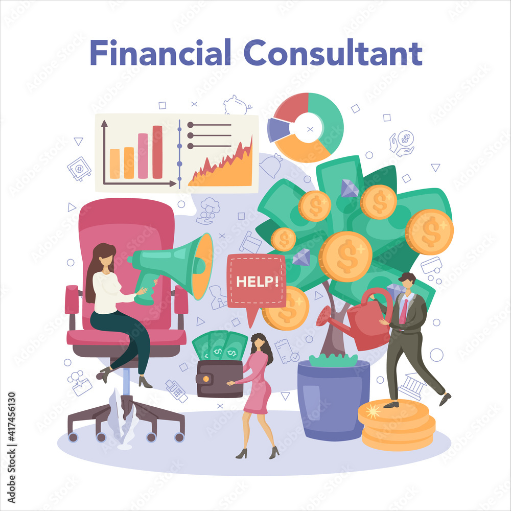 Financial consultant. Business character analysing financial program