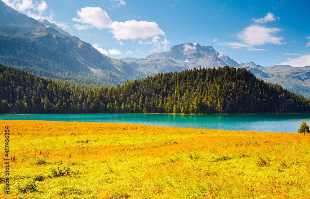 Beautiful alpine lake Champfer in beautiful summer day. Location place Silvaplana village, Swiss alps, Europe.