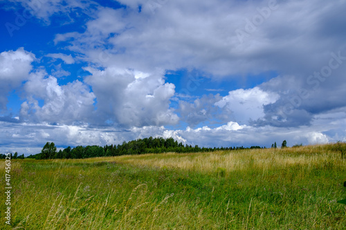 green meadow with storm clouds moving on