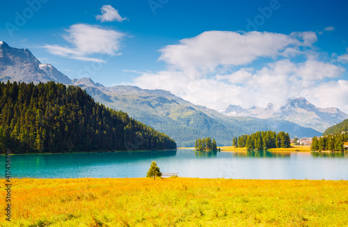 Exotic alpine lake Champfer in beautiful summer day. Location place Silvaplana village, Swiss alps, Europe.