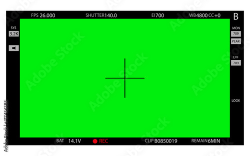 Green screen, chromakey background. Blank green background with VFX motion tracking markers. Screen of modern digital camcorders. Chroma Keyboard for keyboards, graphics and video effects