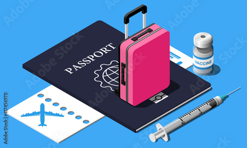Safe travel by plane in a pandemic vector isometric concept. Vaccination certificate illustration.