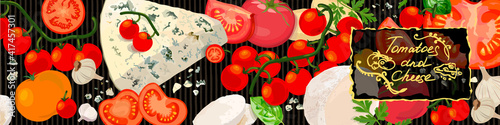 Tomatoes and cheese background. Varieties of tomato products, gourmet cheeses and verdure. Vector Illustration