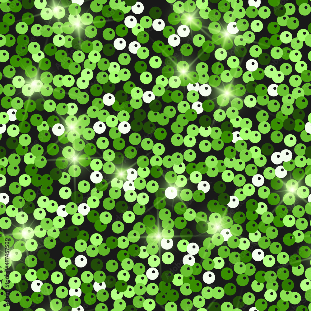 Glitter seamless texture. Admirable green particles. Endless pattern made of sparkling spangles. Mag