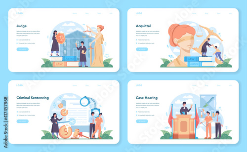 Judge web banner or landing page set. Court worker stand for justice