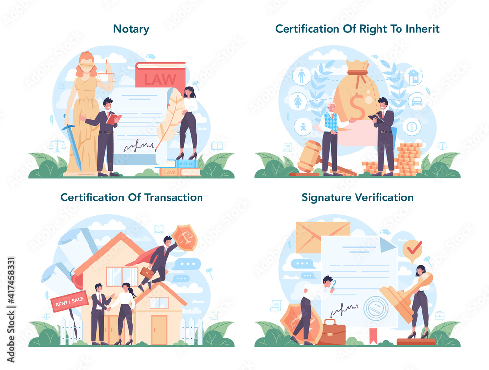 Fototapeta premium Notary service concept set. Professional lawyer signing and legalizing paper