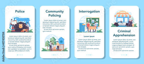 Police officer mobile application banner set. Detective making investigation