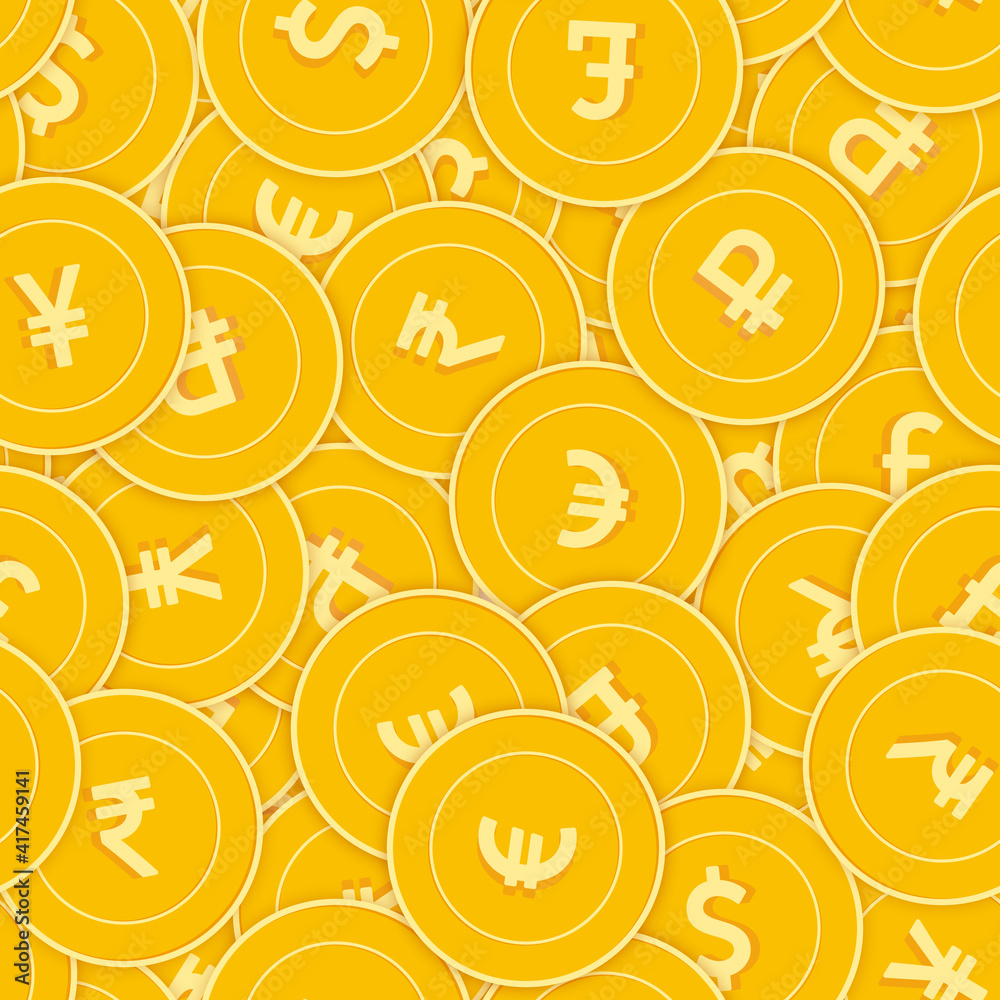 International currencies coins seamless pattern. Appealing scattered Global coins. Big win or succes