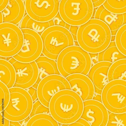 International currencies coins seamless pattern. Appealing scattered Global coins. Big win or succes
