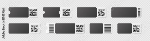 Blank black and white ticket template mockup with barcode. Realistic discount voucher with qr code and ruffled edge. Empty lottery paper, movie, museum admit one. Vector illustration