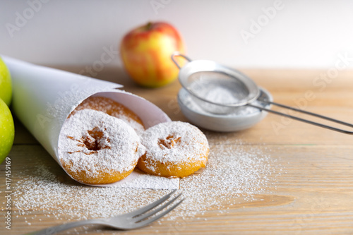 Homemade apple fritters . Homemade dessert apple fritters made with organic ingredients.de with organic ingredients. 