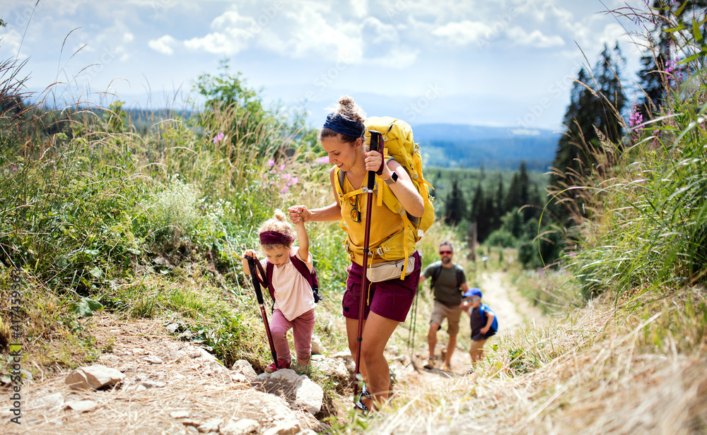 Family with small children hiking outdoors in summer nature, walking in High Tatras. - obrazy, fototapety, plakaty 