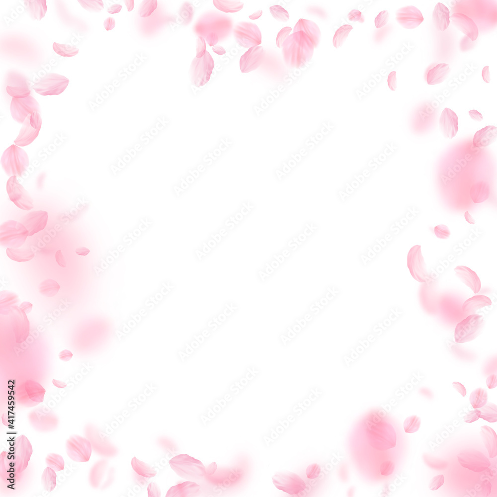 Sakura petals falling down. Romantic pink flowers frame. Flying petals on white square background. L