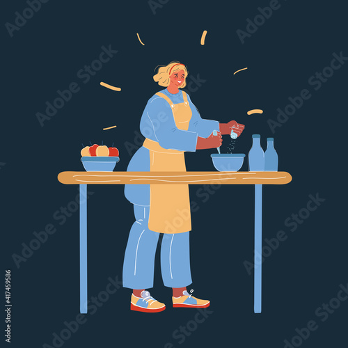 Vector illustration of lady cooking at her kitchen tonight. Home life concept on white backround. Character on dark backroud.