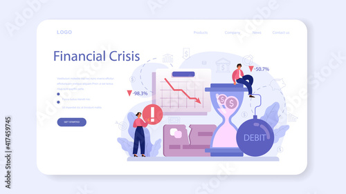 Bankruptcy web banner or landing page. Financiall crisis with falling down